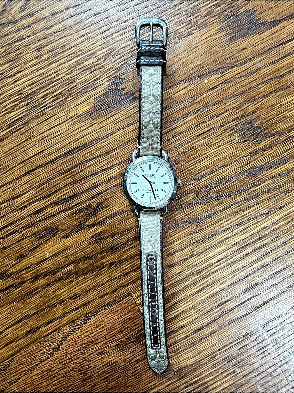 Coach Brown and Tan C Monogrammed Patterned Strap Watch, needs battery